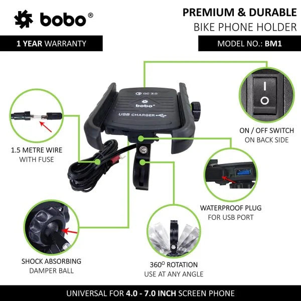 BOBO BM1 Jaw-Grip Bike Phone Holder with Fast USB 3.0 Charger