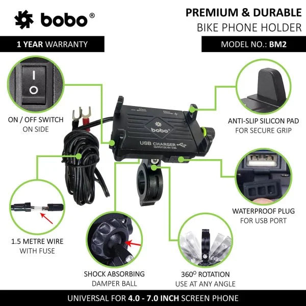 BOBO BM2 Claw-Grip Aluminium Bike Phone Holder with 2.5A USB Charger