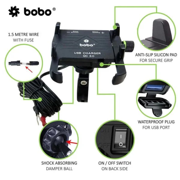 BOBO BM5 Claw-Grip Aluminium Bike Phone Holder with Fast USB 3.0 Charger