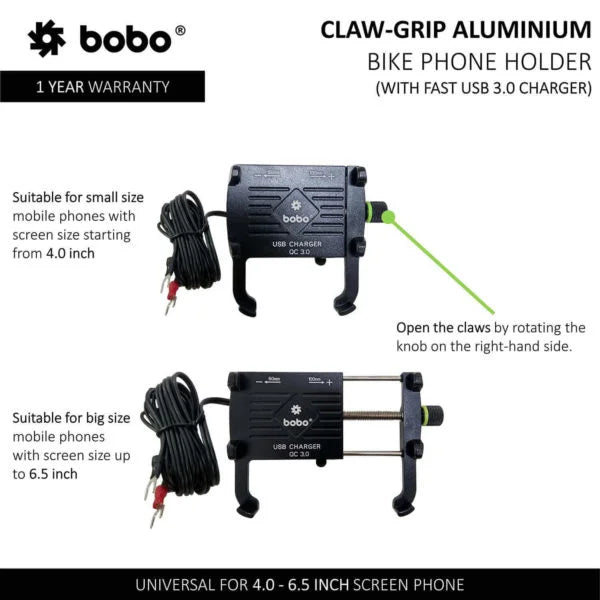 BOBO BM5 Claw-Grip Aluminium Bike Phone Holder with Fast USB 3.0 Charger