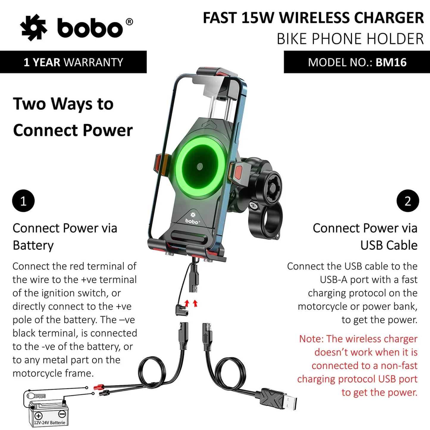 BOBO BM16 Anti-Vibration Bike Phone Mount with 15W Wireless Charging