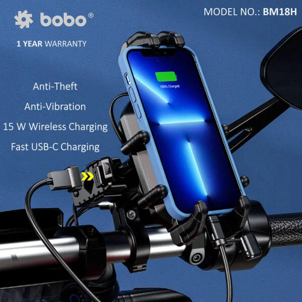 BOBO BM18 Bike Phone Holder with Anti-Vibration & 15W Wireless Charging