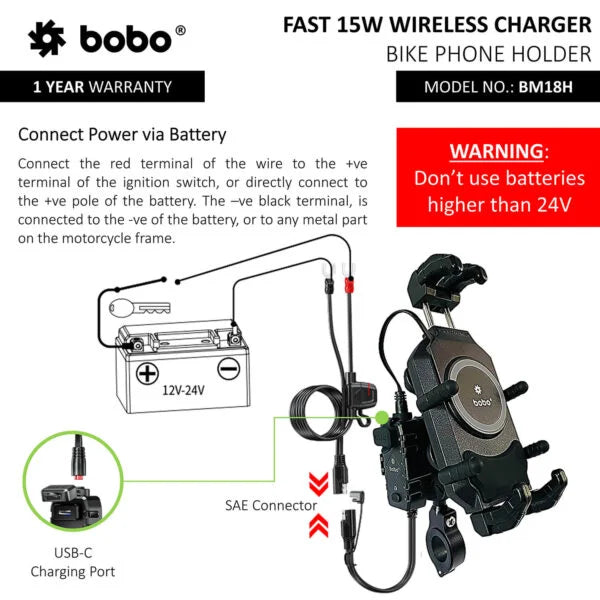 BOBO BM18 Bike Phone Holder with Anti-Vibration & 15W Wireless Charging