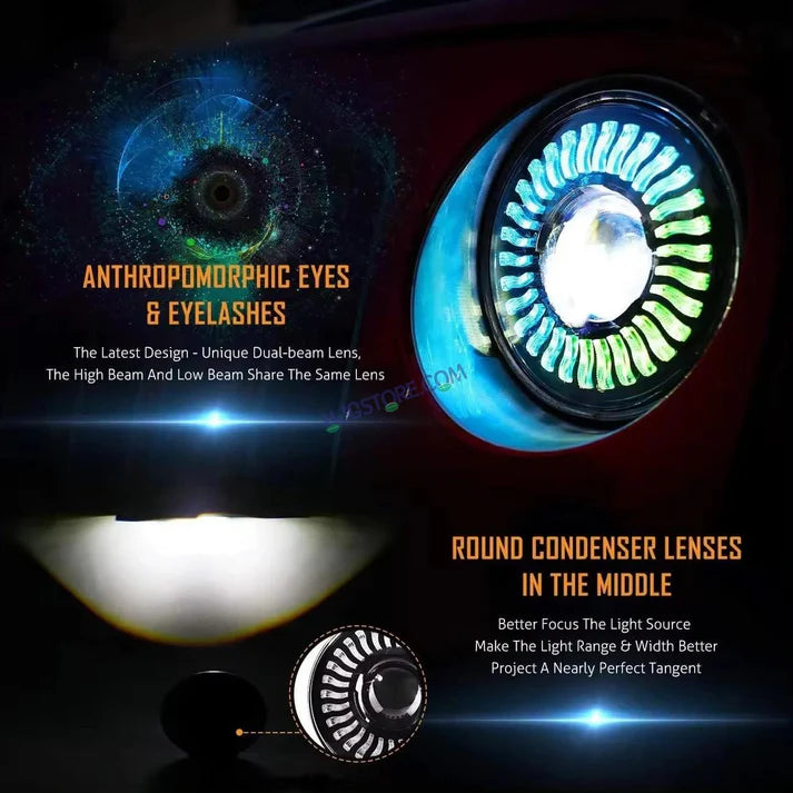 HJG 7 Inch White LED Headlight Chakra Headlight Assembly for Thar Royal Enfield | 75-120W CREE/Osram LED Chip Multi color Compatible with Royal Enfield, Jeep, Thar, Gypsy