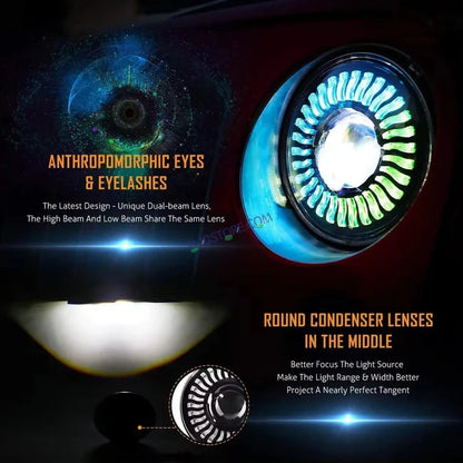 HJG 7 Inch White LED Headlight Chakra Headlight Assembly for Thar Royal Enfield | 75-120W CREE/Osram LED Chip Multi color Compatible with Royal Enfield, Jeep, Thar, Gypsy