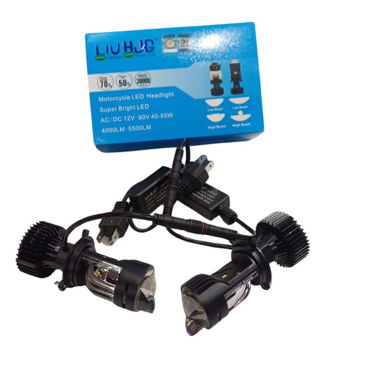 HJG Projector Lens H4 LED Bulb 60W HJG Y6 Projector Light Lamp H4 LED Mini Projector Lens with Fan for Bike Bulb 5500LM Conversion Kit Hi/Lo Beam Headlight 12V/24V for Motorcycle, Set of 1, White