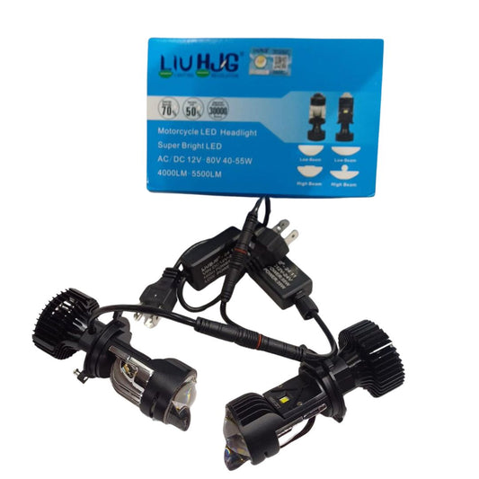 HJG Projector Lens H4 LED Bulb 60W HJG Y6 Projector Light Lamp H4 LED Mini Projector Lens with Fan for Bike Bulb 5500LM Conversion Kit Hi/Lo Beam Headlight 12V/24V for Motorcycle, Set of 1, White