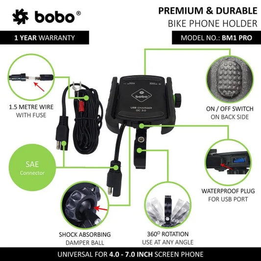 BOBO BM1 PRO Jaw-Grip Bike Phone Mount with USB 3.0 & SAE Connector