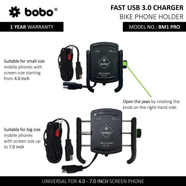 BOBO BM1 PRO Jaw-Grip Bike Phone Mount with USB 3.0 & SAE Connector