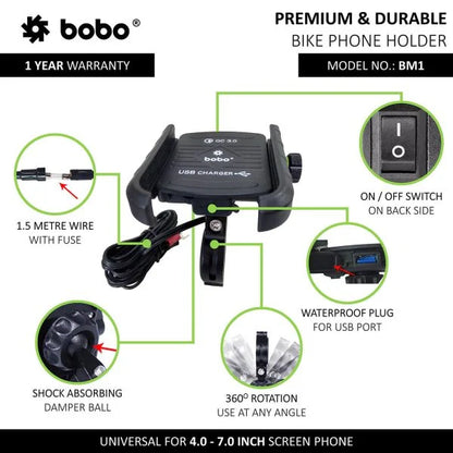 BOBO BM1 Jaw-Grip Bike Phone Holder with Fast USB 3.0 Charger