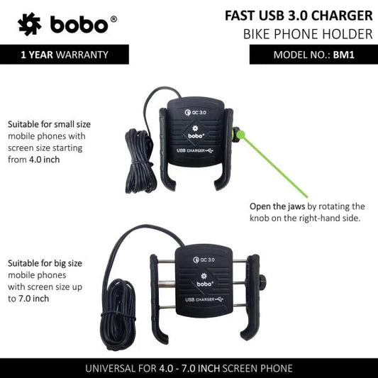 BOBO BM1 Jaw-Grip Bike Phone Holder with Fast USB 3.0 Charger