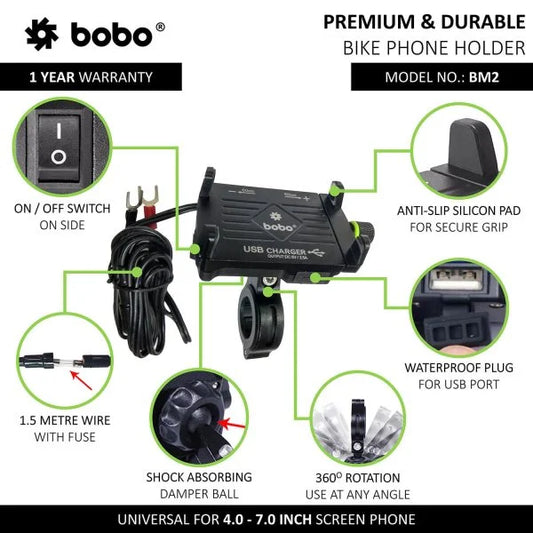 BOBO BM2 Claw-Grip Aluminium Bike Phone Holder with 2.5A USB Charger