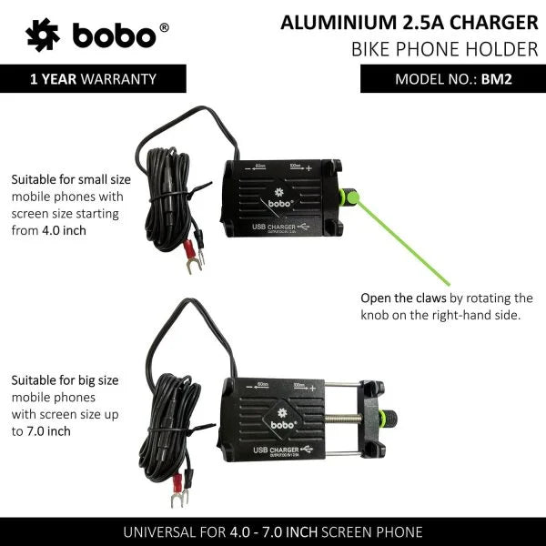 BOBO BM2 Claw-Grip Aluminium Bike Phone Holder with 2.5A USB Charger