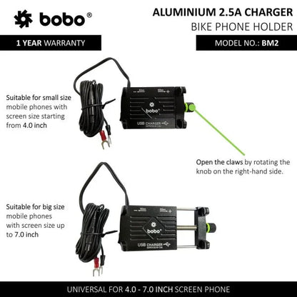 BOBO BM2 Claw-Grip Aluminium Bike Phone Holder with 2.5A USB Charger