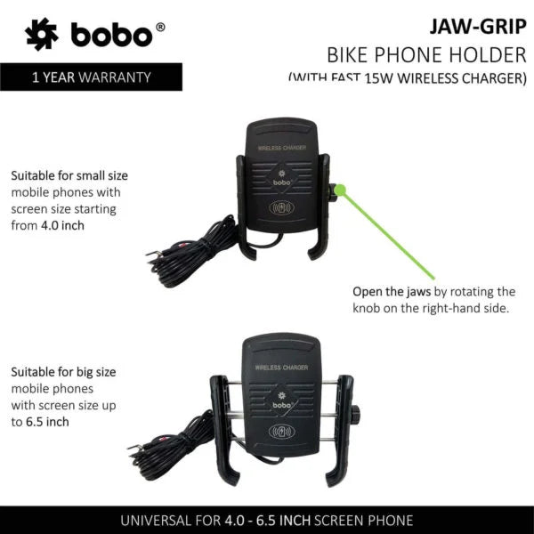 BOBO BM6 Jaw-Grip Bike Phone Holder with Fast 15W Wireless Charger