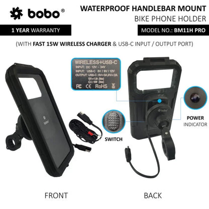 BOBO BM11H PRO Waterproof Bike Phone Mount with Vibration Controller & Wireless Charging
