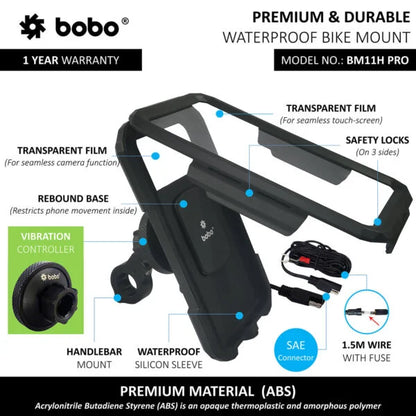 BOBO BM11H PRO Waterproof Bike Phone Mount with Vibration Controller & Wireless Charging