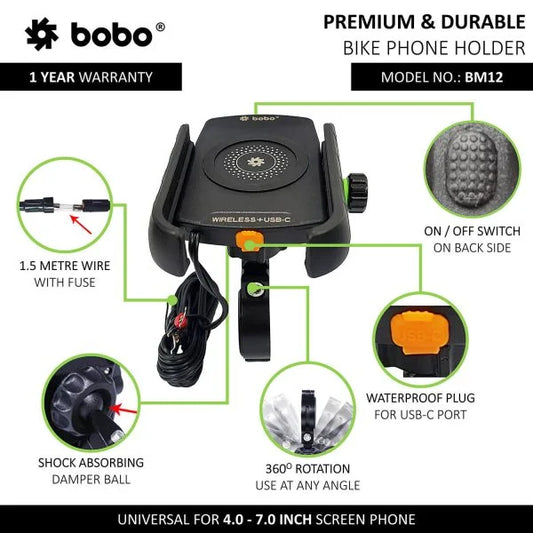 BOBO BM12 Bike Phone Holder with 15W Wireless Charging & USB-C Port
