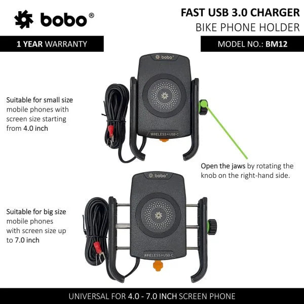 BOBO BM12 Bike Phone Holder with 15W Wireless Charging & USB-C Port