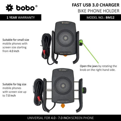 BOBO BM12 Bike Phone Holder with 15W Wireless Charging & USB-C Port