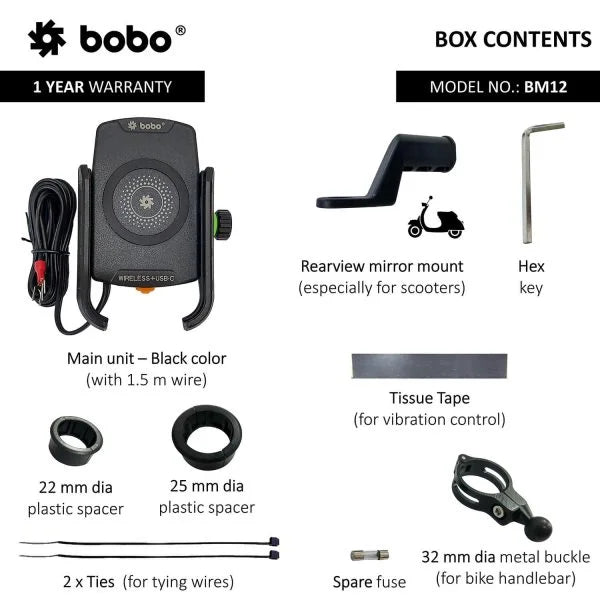 BOBO BM12 Bike Phone Holder with 15W Wireless Charging & USB-C Port