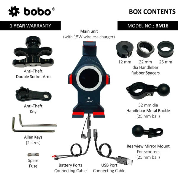 BOBO BM16 Anti-Vibration Bike Phone Mount with 15W Wireless Charging