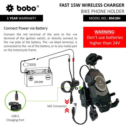 BOBO BM18 Bike Phone Holder with Anti-Vibration & 15W Wireless Charging