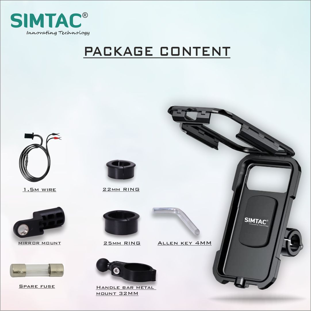 Simtac Waterproof Mobile Holder with Wireless Charger & USB-C for Bikes/Scooters | MHWPWC-15C