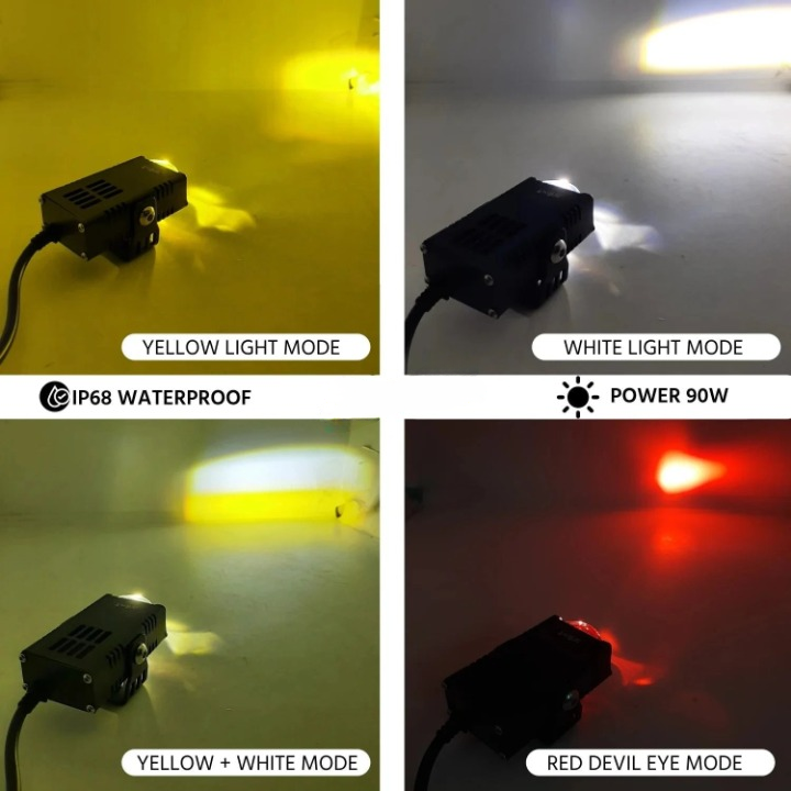 Dual Colour Fog Light Mini Drive Yellow White & Red Devil Eye Slim Drive Light Version 4 With Red Devil Eye And Wiring With Canbus Universal For All Cars and Motorcycles (2Pcs) HJG(Biscuit Light)