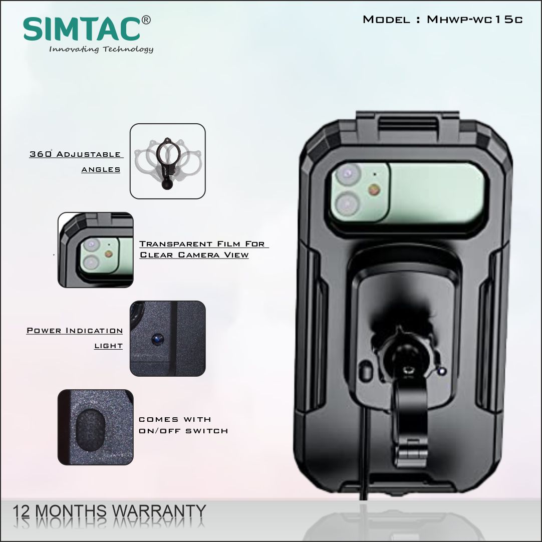 Simtac Waterproof Mobile Holder with Wireless Charger & USB-C for Bikes/Scooters | MHWPWC-15C
