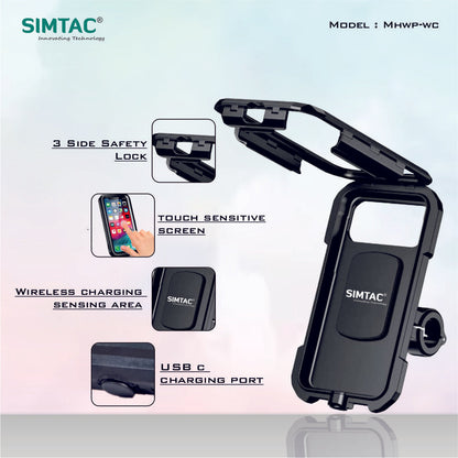 Simtac Waterproof Mobile Holder with Wireless Charger & USB-C for Bikes/Scooters | MHWPWC-15C