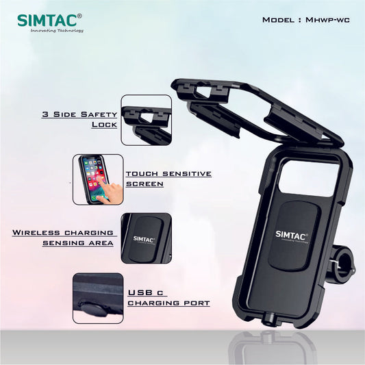Simtac Waterproof Mobile Holder with Wireless Charger & USB-C for Bikes/Scooters | MHWPWC-15C