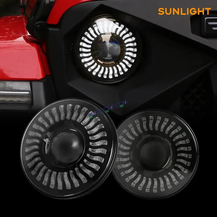 HJG 7 Inch White LED Headlight Chakra Headlight Assembly for Thar Royal Enfield | 75-120W CREE/Osram LED Chip Multi color Compatible with Royal Enfield, Jeep, Thar, Gypsy