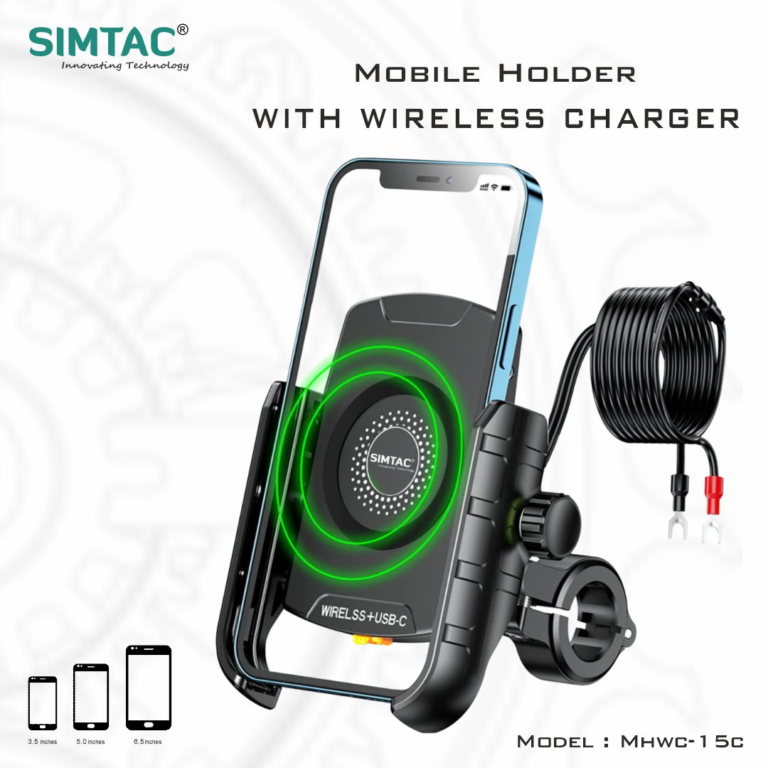 Simtac Mobile Holder with Wireless Charger & USB-C for Bikes & Scooters | MHWC-15C
