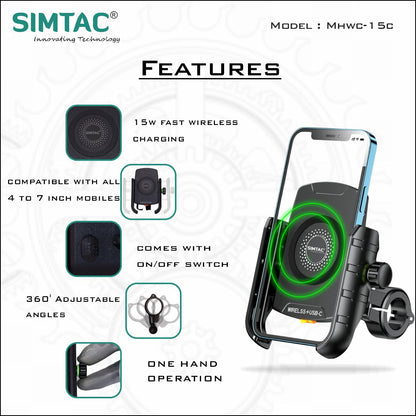 Simtac Mobile Holder with Wireless Charger & USB-C for Bikes & Scooters | MHWC-15C
