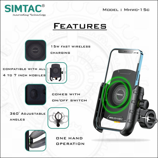 Simtac Mobile Holder with Wireless Charger & USB-C for Bikes & Scooters | MHWC-15C