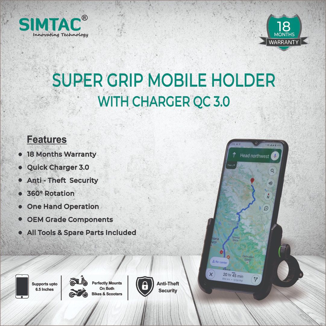 Simtac Super Grip Mobile Holder with QC 3.0 Charger for Bikes/Scooters | MHC3