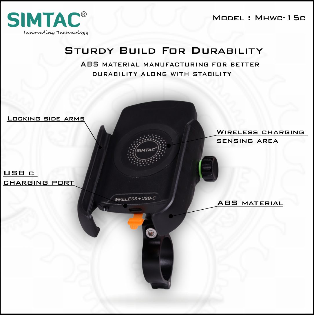 Simtac Mobile Holder with Wireless Charger & USB-C for Bikes & Scooters | MHWC-15C