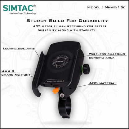 Simtac Mobile Holder with Wireless Charger & USB-C for Bikes & Scooters | MHWC-15C