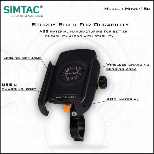 Simtac Mobile Holder with Wireless Charger & USB-C for Bikes & Scooters | MHWC-15C